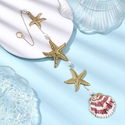 Electroplate Sea Shell & 304 Stainless Steel Pendants Starfish Shell Hanging Suncatchers HJEW-JM04565-1