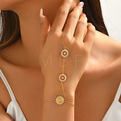 Elegant Imitation Pearl Sunflower Brass Hand Chain Ring Bracelets for Women ZN9544-1