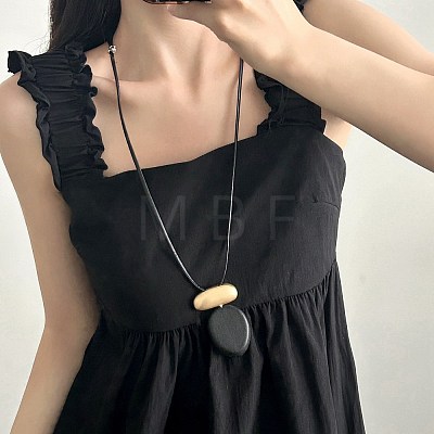 Wood & Alloy Oval Pendant Adjustable Black Waxed Cord Necklaces for Women WG6CE6E-02-1
