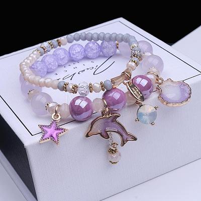 2Pcs 2 Styles Plastic & Glass Beaded Stretch Bracelets FS-WGE3E77-02-1