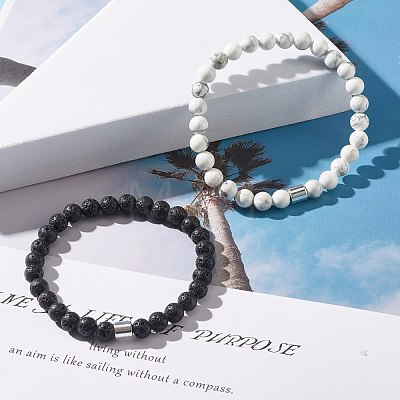 2Pcs Natural Lava Rock & Howlite Round Beaded Stretch Bracelets Set with Synthetic Hematite Column BJEW-JB08060-01-1