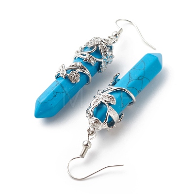 Synthetic Turquoise Bullet with Flower Dangle Earrings EJEW-G300-02P-08-1