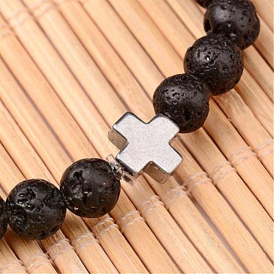 Cross Natural Lava Rock Beaded Stretch Bracelets BJEW-JB02258-1