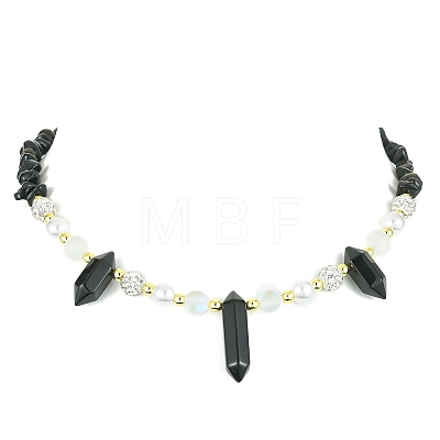 Natural Obsidian Bullet & Synthetic Moonstone Beaded Necklaces NJEW-JN04406-01-1