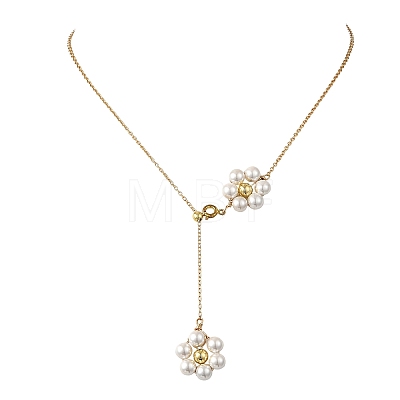 Adjustable Brass Shell Pearl Beaded Flower Pendant Lariat Necklaces NJEW-JN06496-1