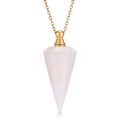 Natural Rose Quartz Faceted Cone Pendant Perfume Bottle Necklaces with 304 Stainless Steel Cable Chain NJEW-WH0002-266E-1