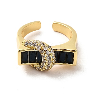 Cubic Zirconia Rectangle with Moon Open Cuff Ring RJEW-C041-06G-01-1