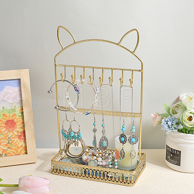 SUNNYCLUE 1Pc Cat Ear Iron Jewelry Organizer Display Stands with Wooden Base ODIS-SC0001-02-1