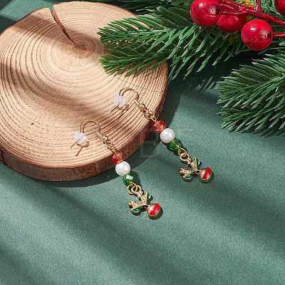Enamel Reindeer Charm with Glass Pearl Dangle Earrings EJEW-JE04961-02-1