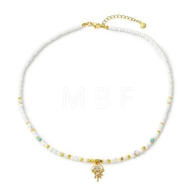 Ocean Brass Pave Clear Cubic Zirconia Sea Animals Pendant Natural Shell and Glass Seed Beaded Necklaces for Women NJEW-JN06345-03-1