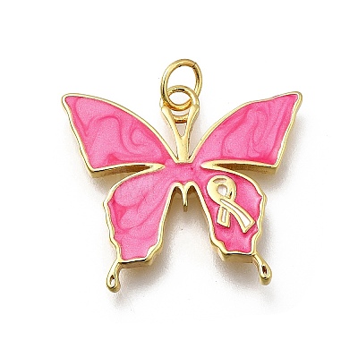 October Breast Cancer Pink Awareness Ribbon Brass Enamel Pendants KK-G525-10G-01-1