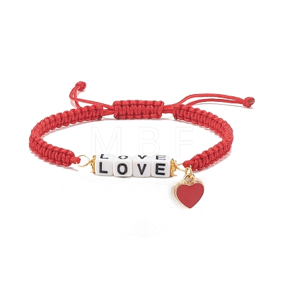 Word Love Braided Bead Bracelet with Alloy Enamel Heart Charm BJEW-JB07834-1