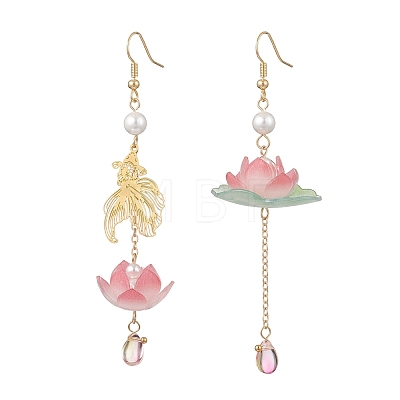 Fish with Lotus Glass & Acrylic Beads Dangle Earrings EJEW-TA00786-1