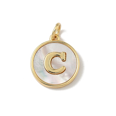 Brass Pave Natural Shell Flat Round with Letter Charms KK-Z115-13G-C-1
