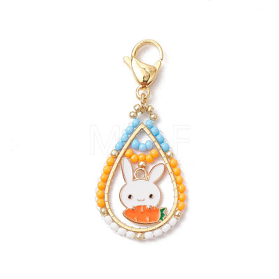 Easter Teadrop Glass Seed Beaded & Alloy Enamel Rabbit Pendant Decorations HJEW-MZ00187-06-1