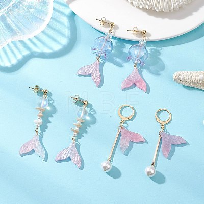 Glass & Cellulose Acetate(Resin) Beads Fishtail Dangle & Hoop Earring Sets EJEW-TA00791-1