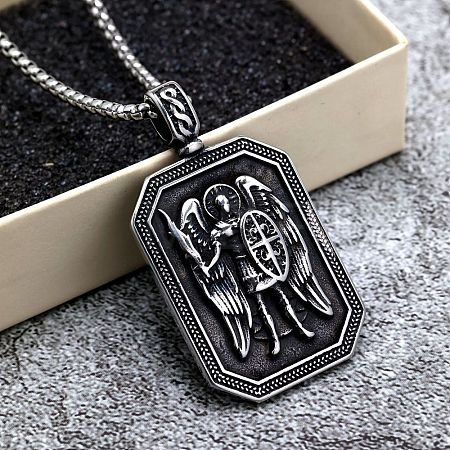 Religion 304 Stainless Steel Saint Michael Archangel Rectangle Octagon Pendant Necklaces for Men WGB4C05-01-1