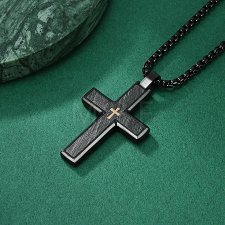 304 Stainless Steel with Wood Religion Cross Pendant Box Chain Necklaces for Men FS-WGA9A37-01-1
