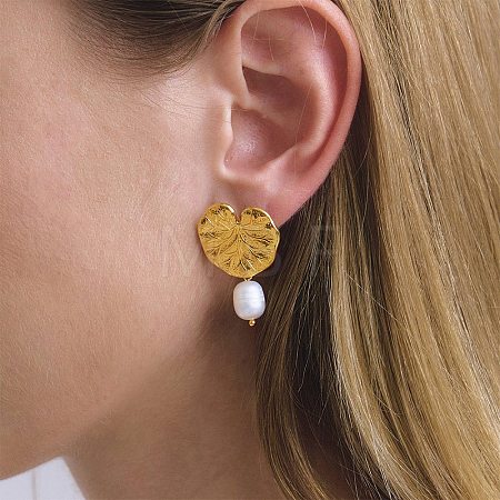 Leaf 304 Stainless Steel Dangle Stud Earrings EJEW-A163-02G-1