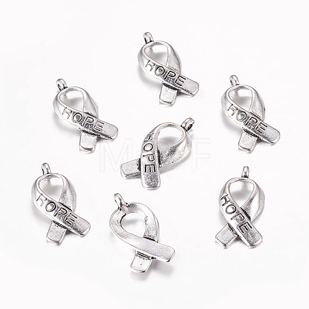 Breast Cancer Awareness Ribbon Carved Word Hope Tibetan Style Alloy Message Pendants LS-TIBEP-S278-AS-LF-1