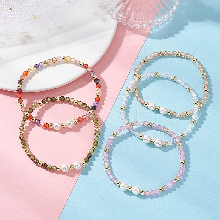 Cubic Zirconia & Shell Pearl Round Beaded Stretch Bracelets for Women BJEW-JB13280-1