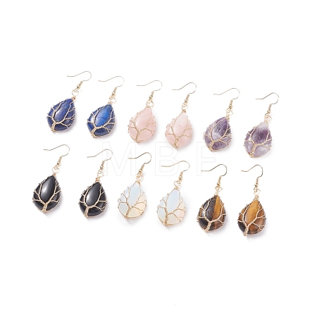 Teardrop Gemstone with Tree Dangle Earrings EJEW-JE04867-1