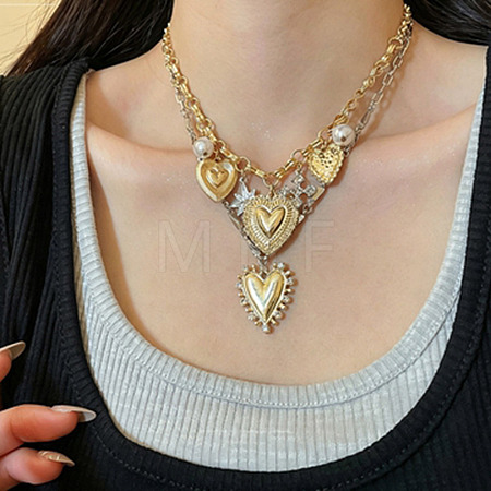 Alloy Rhinestone & Iron Heart Pendant Double Layer Necklaces for Women WG7EE33-01-1