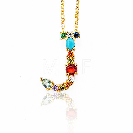 Golden Brass Micro Pave Cubic Zirconia Initial Pendants Necklaces NJEW-S069-JN002-J-1
