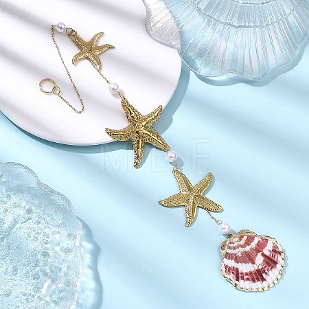 Electroplate Sea Shell & 304 Stainless Steel Pendants Starfish Shell Hanging Suncatchers HJEW-JM04565-1