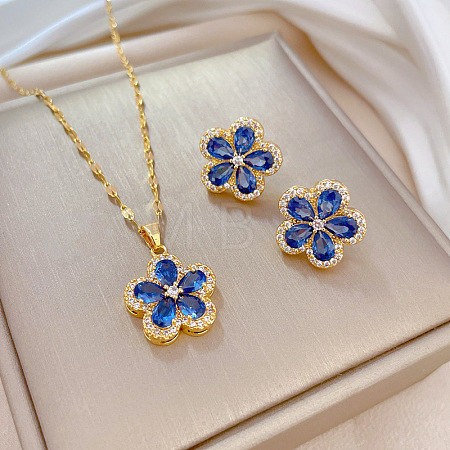Brass Micro Pave Cubic Zirconia Pendant Necklace & Stud Earrings WG7AC39-28-1