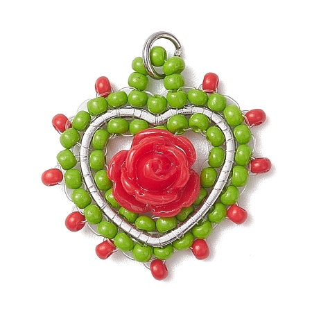 Glass Seed Beaded Heart with Rose Pendants PALLOY-MZ01030-05-1