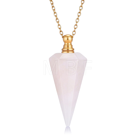 Natural Rose Quartz Faceted Cone Pendant Perfume Bottle Necklaces with 304 Stainless Steel Cable Chain NJEW-WH0002-266E-1