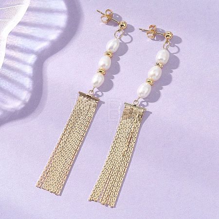 Rice Natural Cultured Freshwater Pearl Tassel Stud Earrings EJEW-JE07056-1