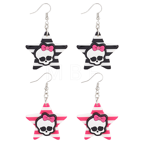 ANATTASOUL 2 Pairs 2 Colors Resin Star with Skull Dangle Earrings EJEW-AN0002-45-1