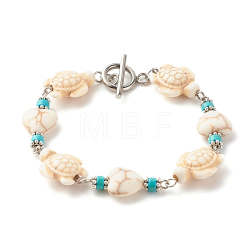 Heart & Tortoise Synthetic Turquoise(Dyed) Beaded Bracelet BJEW-JB07302-01-1
