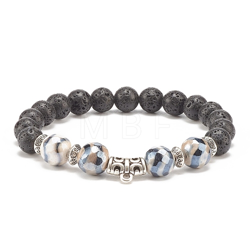 Natural Lava Rock & Tibetan Agate Stretch Bracelet with Alloy Tube Beaded BJEW-JB08322-02-1