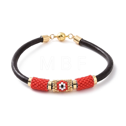 Japanese Seed Column with Evil Eye Beaded Bracelet with Cowhide Cords for Women BJEW-JB09078-02-1