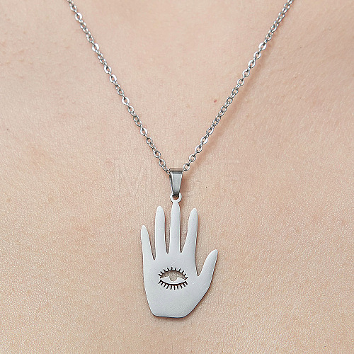 Non-Tarnish 201 Stainless Steel Hollow Hamsa Hand with Eye Pendant Necklace NJEW-OY001-79-1