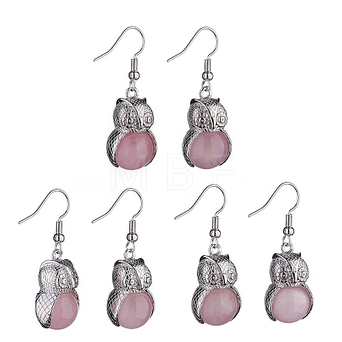 Natural Rose Quartz Owl Dangle Earrings EJEW-A092-08P-04-1