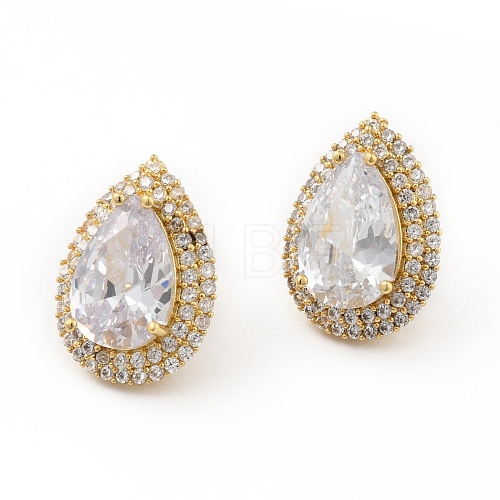 Clear Cubic Zirconia Teardrop Stud Earrings EJEW-C035-09G-1