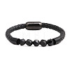 Men's Black Onyx Stone Beaded Bracelet with Magnetic Clasp Leather Weave Jewelry ST1787431-1