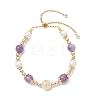 Round Brass & Shell Pearl & Synthetic Hematite & Natural Amethyst/Natural Tiger Eye/Natural Lapis Lazuli Beads Slider Bracelets for Women BJEW-JB12940-3