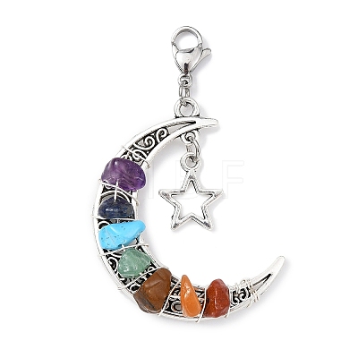 Wire Wrapped Chakra Synthetic & Natural Mixed Stone Chips & Alloy Moon/Star Pendant Decorations HJEW-JM01574-01-1