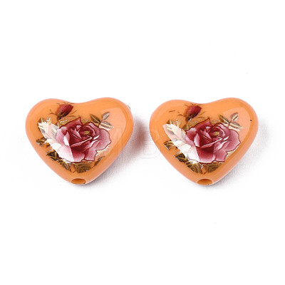 Flower Printed Opaque Acrylic Heart Beads SACR-S305-28-J03-1