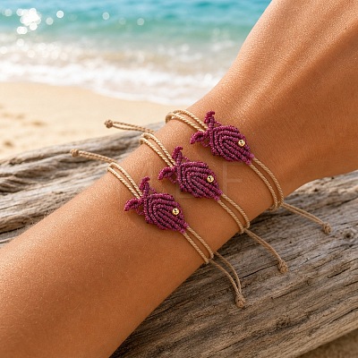 Ocean Adjustable Braided Wax Cord Fish Link Bracelet Sets with Brass Beads for Women XU5174-1-1