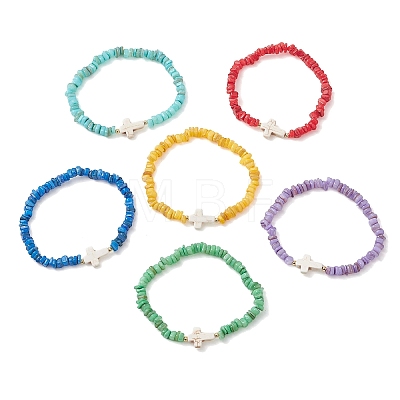 6Pcs 6 Colors Natural Freshwater Shell Chip Beaded Stretch Bracelets BJEW-JB12725-1