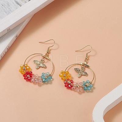 Glass Beaded Flower & Alloy Bee Dangle Earrings EJEW-JE05218-01-1