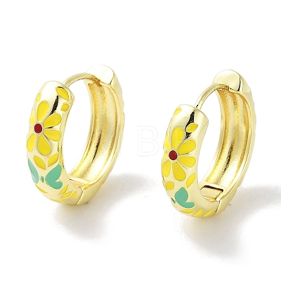 Real 18K Gold Plated Brass Enamel Flower Print Hoop Earrings for Women EJEW-L269-115G-1