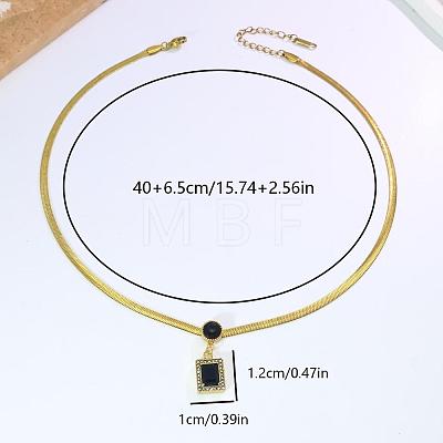 Vintage Stainless Steel Natural Black Onyx(Dyed & Heated) Rectangle Pendant Flat Snake Chain Necklaces for Women DM4995-1