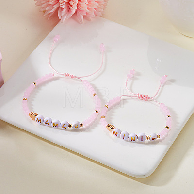 2Pcs Mother's Day Resin & Glass Mama & Mini Beaded Braided Bead Bracelet Set WGEEE28-01-1